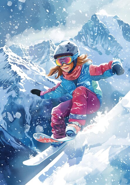 Photo adventurous little girl in sportswear snowboarding down snowy mountain slope