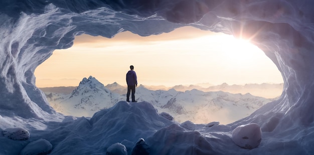 Adventurous Man Hiker standing in an Ice Cave with rocky mountains in background