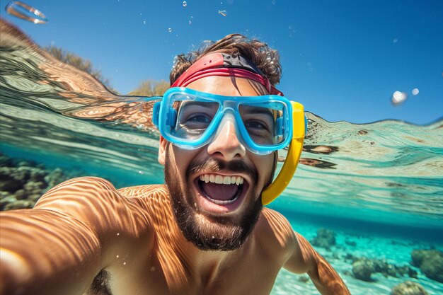 Adventurous man snorkeling and exploring marine life in pristine crystal clear waters