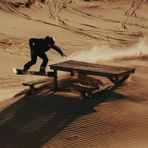 Photo adventurous man snowboarding on a unique sandy terrain near a rustic wooden table