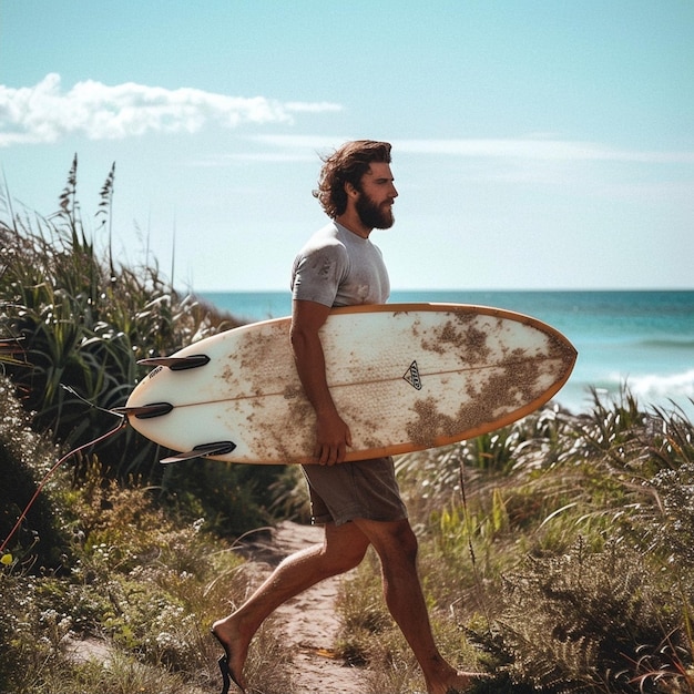 Photo adventurous man with a surfboard ready for a thrilling ride on the waves