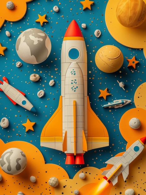 Photo adventurous outer space exploration with toy rockets and planets engaging spacecraft adventure for