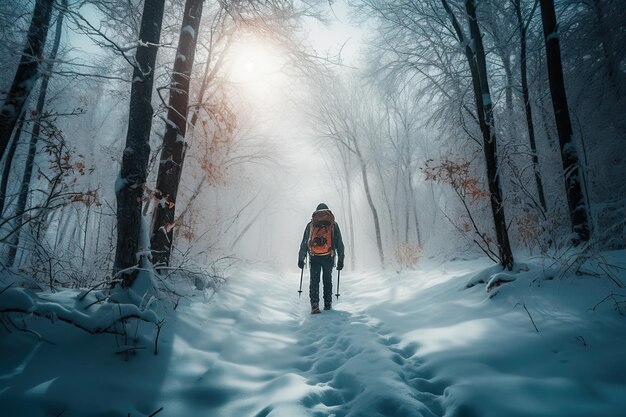 An adventurous person hiking in the snow