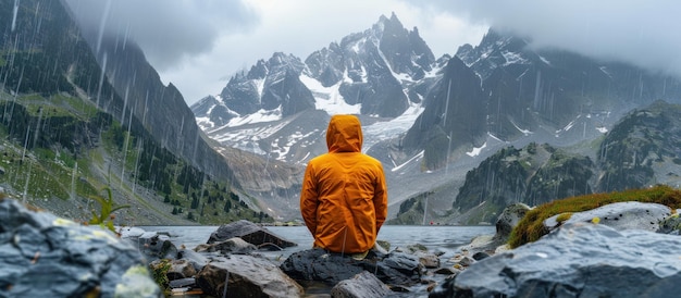 Adventurous person in orange jacket standing on rocks