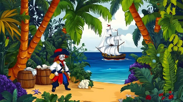 Photo an adventurous pirate scene on a tropical island childrens book style