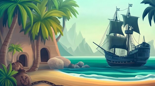 Photo an adventurous pirate scene on a tropical island childrens book style