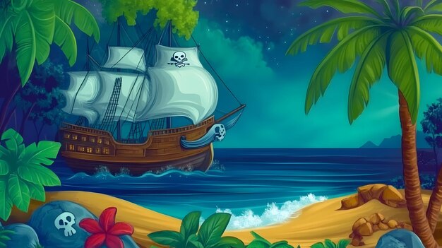 Photo an adventurous pirate scene on a tropical island childrens book style