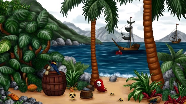 Photo an adventurous pirate scene on a tropical island childrens book style