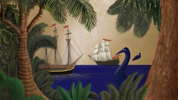 An adventurous pirate scene on a tropical island childrens book style