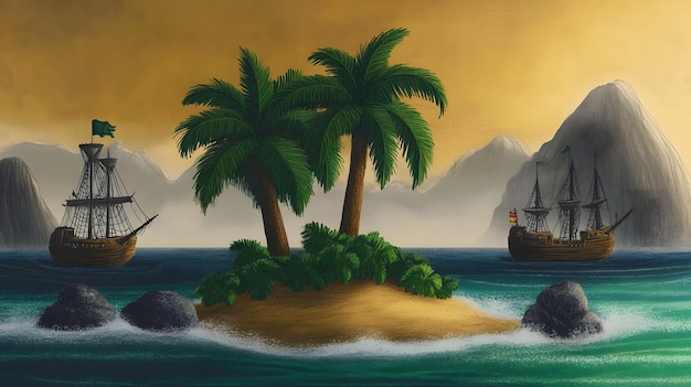 An adventurous pirate scene on a tropical island childrens book style