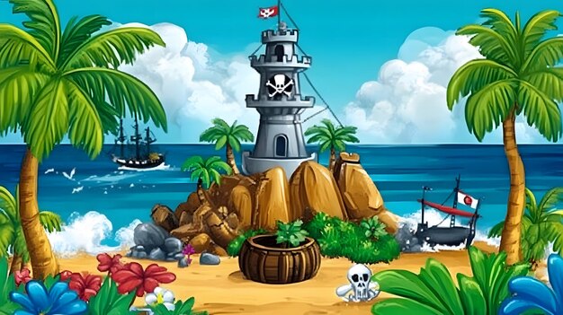 Photo an adventurous pirate scene on a tropical island childrens book style