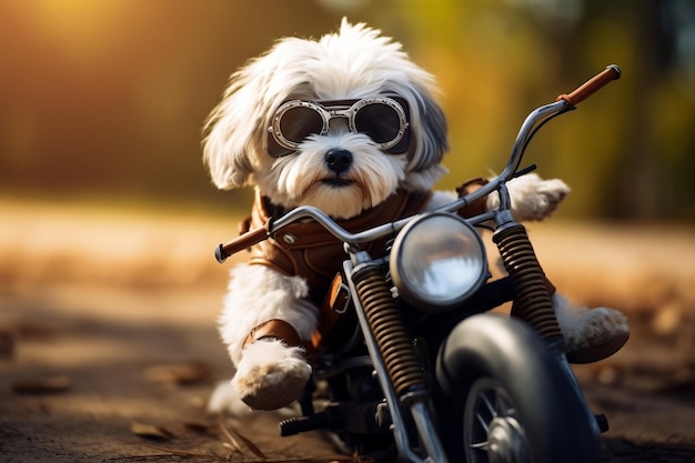 Adventurous Pup Cute Havanese Dog on a Motorcycle Ride Generative by Ai