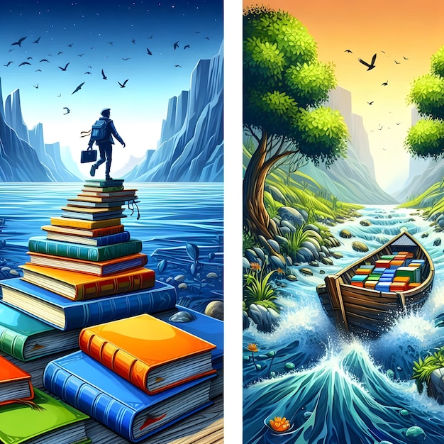 An adventurous scene with books as stepping stones across a river or a character sailing on a boat