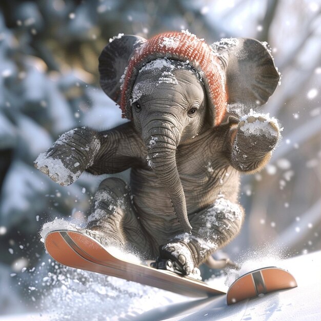 Photo adventurous skier on grassy terrain with a smiling baby elephant in the background