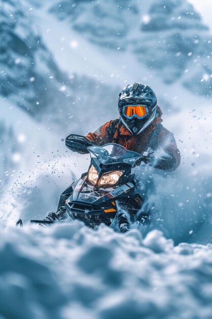 Photo adventurous snowmobile rider in action amidst snowy mountain terrain on a bright winter day