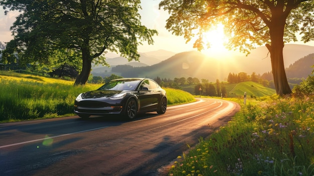 Adventurous spirit driving an electric car on a scenic route amid the freshness of summer