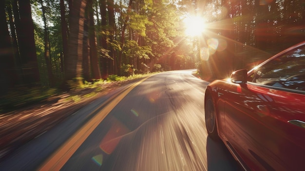 Adventurous spirit driving an electric car on a scenic route amid the freshness of summer