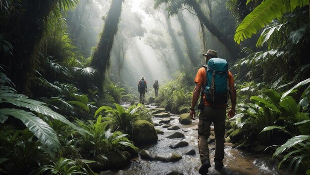 Adventurous Travel Explorer Trekking through a Dense Jungle