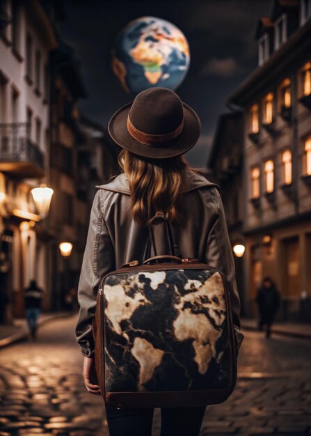 Photo adventurous traveler with world map backpack in moonlit street best quality exquisite beautiful