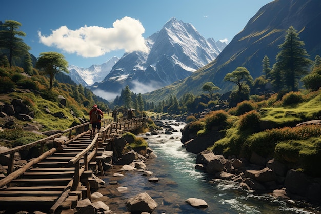 adventurous travelers with backpackers exploring a scenic mountain trail crossing wooden bridges over a glistening river