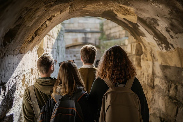 Photo adventurous trio on castle exploration