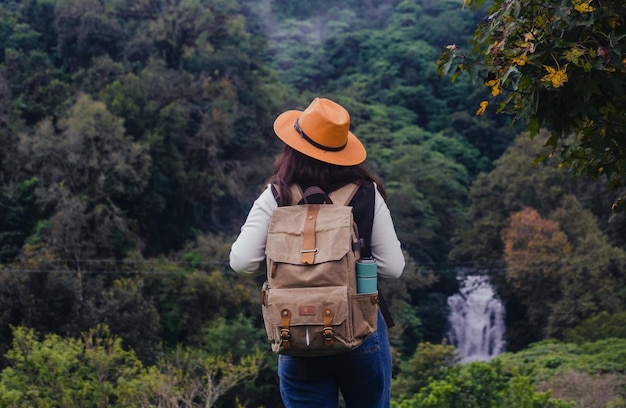 Adventurous woman contemplates the waterfall on her nature trektravel conceptexplorationsocial media