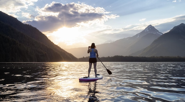 Adventurous Woman Paddle Boarding in a Lake around Canadian Mountain Landscape