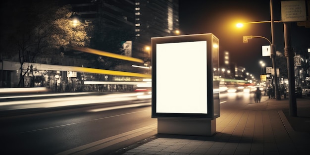 Advertisement billboard mock up display space at bus stop in town street night