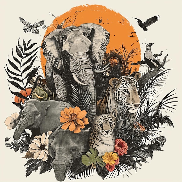 Photo an advertisement for elephant and elephant with flowers and trees