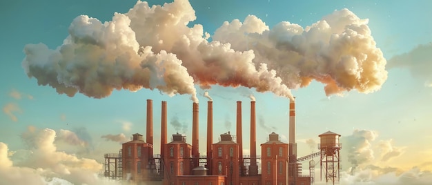 An advertisement featuring a factory whose chimneys craft clouds each shaped like an animal