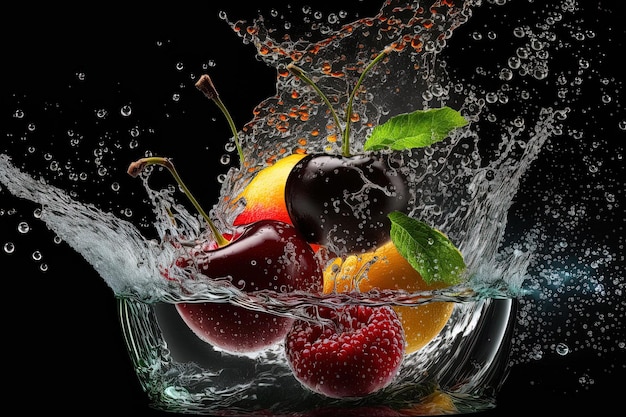 Advertisement for fresh beverages with cherries splashing in water over a dark backdrop