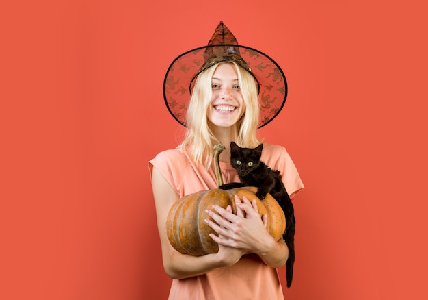 Photo advertisement halloween concept with isolated girl stickers witch with pumpkin and black cat hallowe...