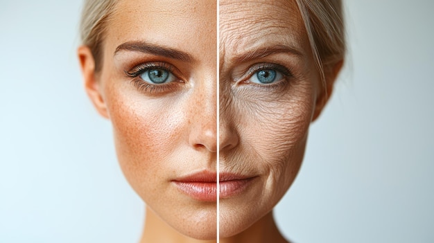 Photo advertisement image featuring an american womans face split into two halves one side showcasing