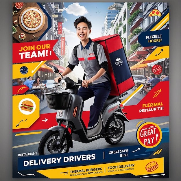 Photo advertisement poster aimed at recruiting delivery drivers for restaurants