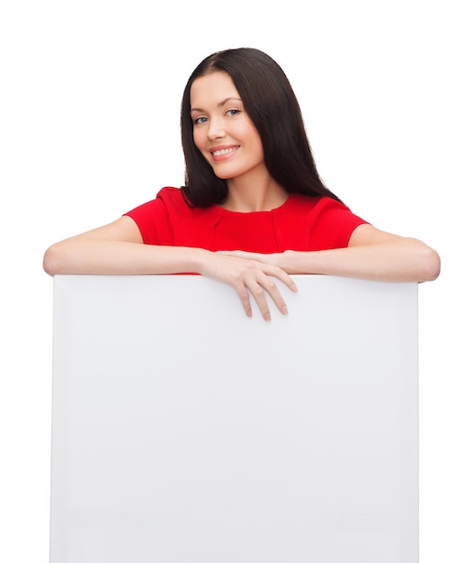 advertisement,sale and people concept - smiling young woman with blank white board