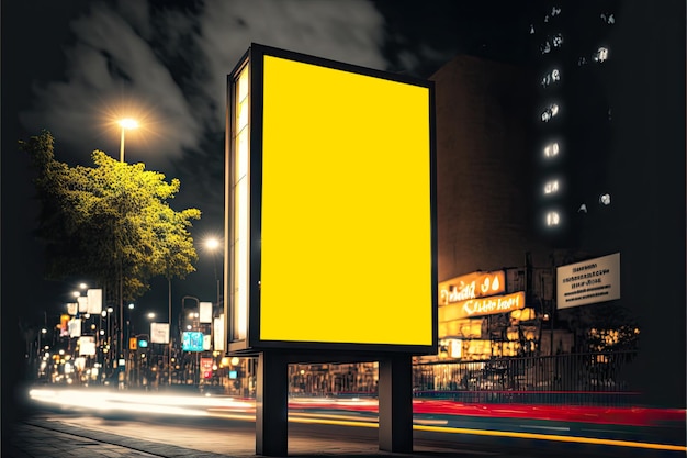 Advertising blank billboard mockup on sidewalk of city at night created with generative ai