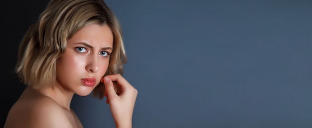 Advertising concept of discontent and severity. Close-up pretty portrait an angry discontented woman with hand at head against dark background. Female emotion scared and actress shows. Copy space