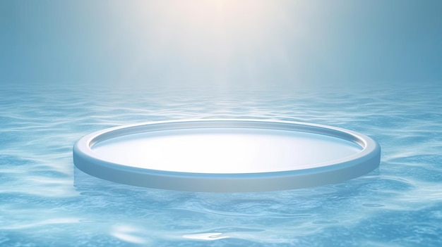 Advertising Empty white circle podium on transparent clear calm blue water texture with splashes and waves in sunlight Generative Ai