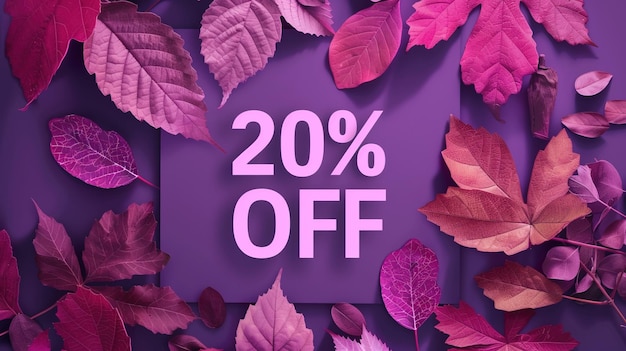 Photo an advertising image showing 20 off with purple and pink leaves on a purple background