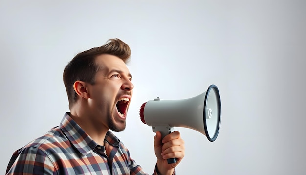 Advertising Man screaming announcement in megaphone portrait isolated with white highlights