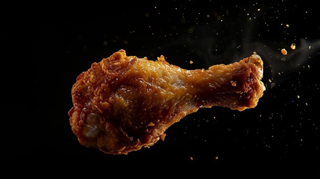 advertising photo of a Crispy Fried Chicken leg levitating in the air on a black background