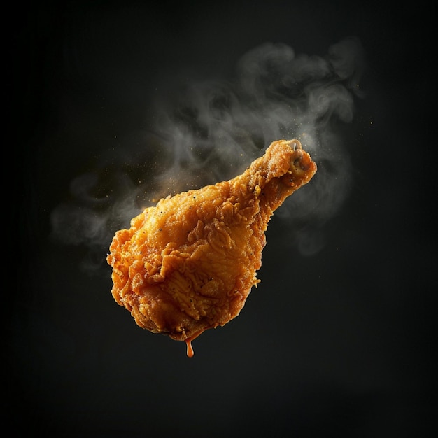 advertising photo of a Crispy Fried Chicken leg levitating in the air on a black background