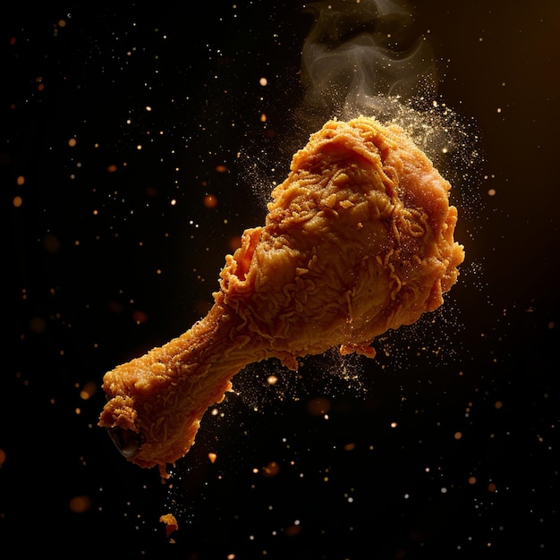 advertising photo of a Crispy Fried Chicken leg levitating in the air on a black background