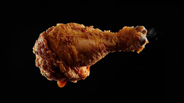 advertising photo of a Crispy Fried Chicken leg levitating in the air on a black background