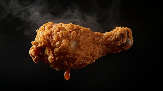 advertising photo of a Crispy Fried Chicken leg levitating in the air on a black background