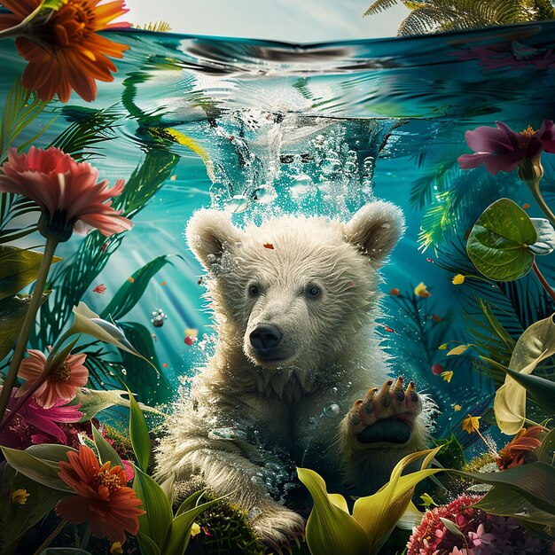 advertising photography a cute polo bear swimming under water looking at viewer azure pond Surro