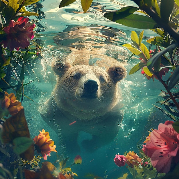 advertising photography a cute polo bear swimming under water looking at viewer azure pond Surro