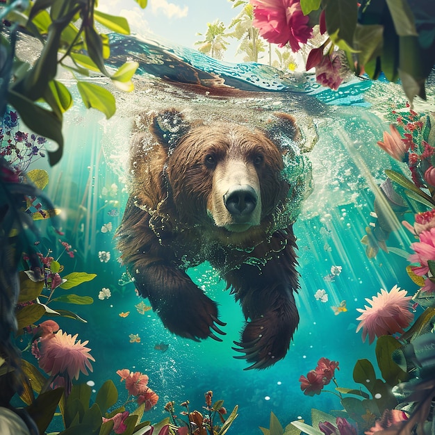 advertising photography a cute polo bear swimming under water looking at viewer azure pond Surro