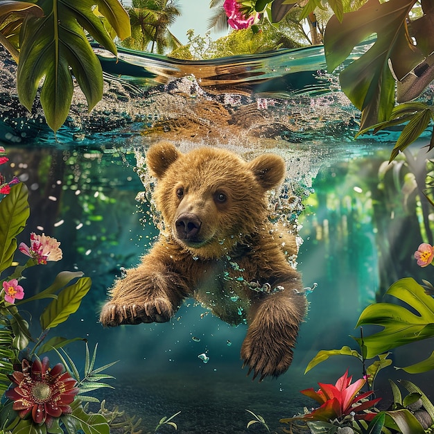 advertising photography a cute polo bear swimming under water looking at viewer azure pond Surro