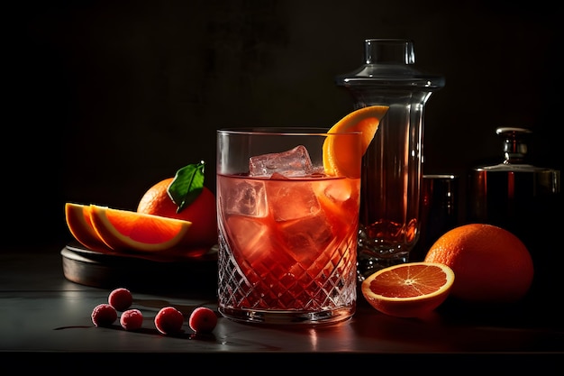 Advertising Shot of a cocktail or beverage with fruits and ice Generative Ai